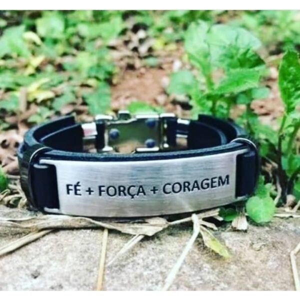 Pulseira Bracelete Ajustável Masculina em Couro Preto Fé Força e Coragem - Image 7