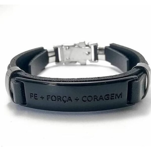 Pulseira Bracelete Ajustável Masculina em Couro Preto Fé Força e Coragem - Image 6