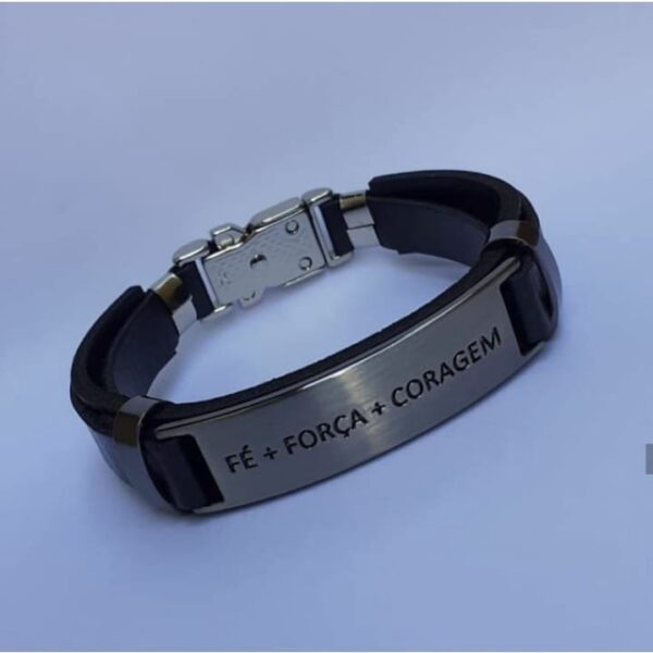 Pulseira Bracelete Ajustável Masculina em Couro Preto Fé Força e Coragem - Image 4