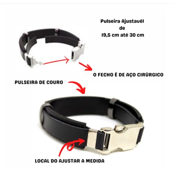 Pulseira Bracelete Ajustável Masculina em Couro Preto Fé Força e Coragem - Image 3